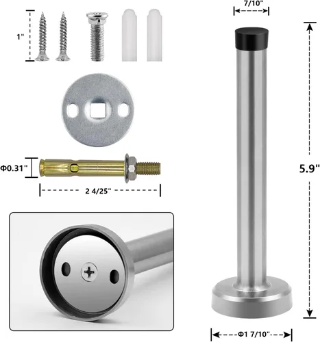 Miniatura 2 de Topes de puerta, tope de puerta de 6 pulgadas de largo, montaje en pared, resistente y rígido, de acero inoxidable cepillado con puntas de plateado