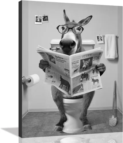 Miniatura 19 de Decoración de Arte de Pared en Blanco y Negro – Oso con Gafas Sentado en el Inodoro Leyendo Periódico, Impresiones en Lienzo, Imágenes de Animales