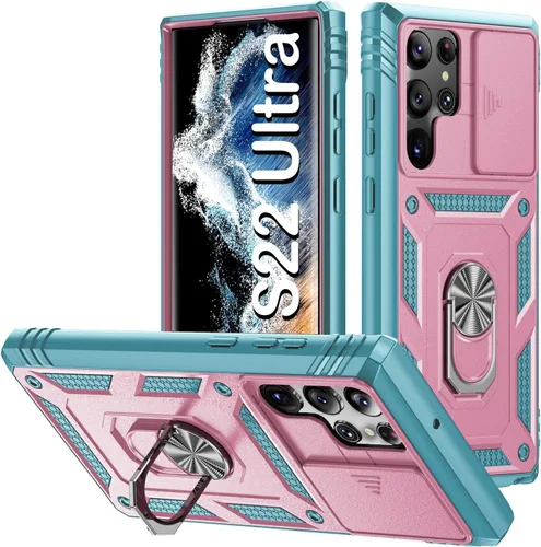 PASNEW Funda para Samsung Galaxy S22 Ultra 5G, cubierta de cámara deslizante y soporte de dedo de metal giratorio de 360°, militar, resistente, a