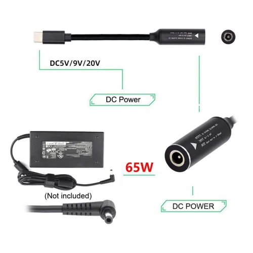 Miniatura 5 de chenyang Convertidor de alimentación CC a USB C, USB C macho a CC 0.138x0.051 in PD 65W 5V/9V/20V adaptador de cable de carga rápida