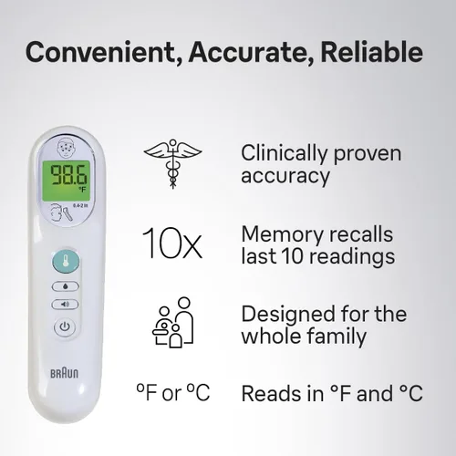 Miniatura 6 de Termómetro Braun sin contacto de 3 en 1 para adultos, niños y bebés, mide la temperatura de la frente, líquidos y alimentos, precisión profesional