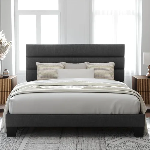 Miniatura 23 de Allewie - Base de cama de plataforma matrimonial con cabecera tapizada de tela y soporte de listones de madera, base de colchón totalmente tapizada