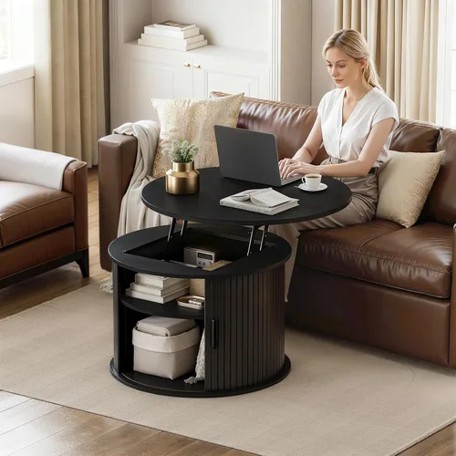 Miniatura 6 de FABATO Mesa de centro redonda de elevación superior, mesa de centro de madera estriada con almacenamiento oculto y estantes abiertos, mesa de tambor