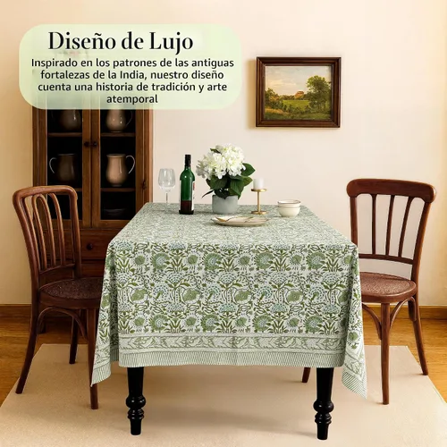 Miniatura 2 de CPC - Mantel cuadrado 100% algodón, 60 x 60 pulgadas, estampado de bloques indios, mantel para bodas, primavera/verano, barbacoa, verde ágata