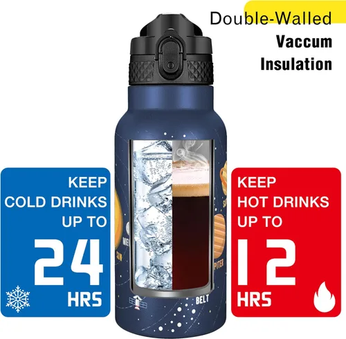 Miniatura 6 de Han's Bottle - Botella de agua para niños con tapa con pajilla - Vaso reutilizable de acero inoxidable aislado para niñas, niños, taza termo, 17