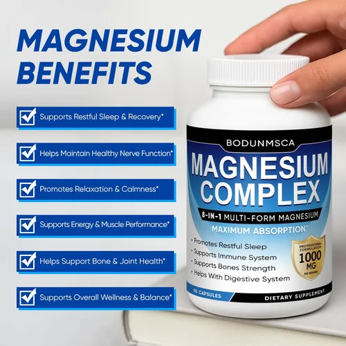 Miniatura 5 de Complejo de magnesio de 1000 mg, cápsulas de suplemento de magnesio 8 en 1 con glicinato, citrato, malato y taurato, apoya los músculos, los huesos