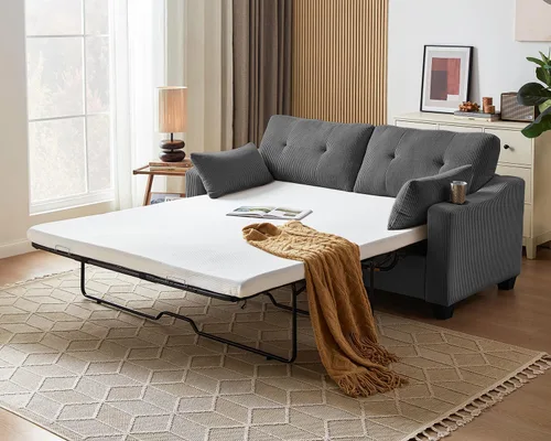Miniatura 11 de CHIC HOUSE Sofá cama extraíble, sofá cama tamaño completo, sofá convertible 2 en 1 de pana con carga USB, sofá de espuma viscoelástica para sala