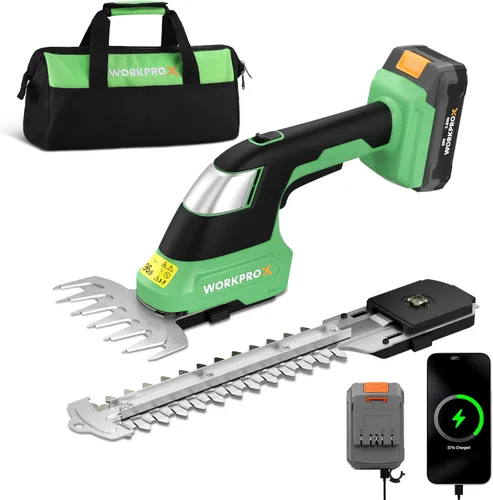 WORKPROX Cortadora de césped y arbustos inalámbrica de 20 V, 2 en 1, cortadora de césped eléctrica de mano, cortasetos y cortador de césped, batería