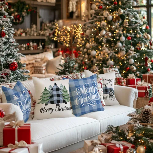 Miniatura 2 de GEEORY Fundas de Almohada Decorativas Feliz Navidad 16x16 Pulgadas Juego de 4, Árboles de Navidad Camión Cuadros Buffalo Azul Believe Estilo Granja