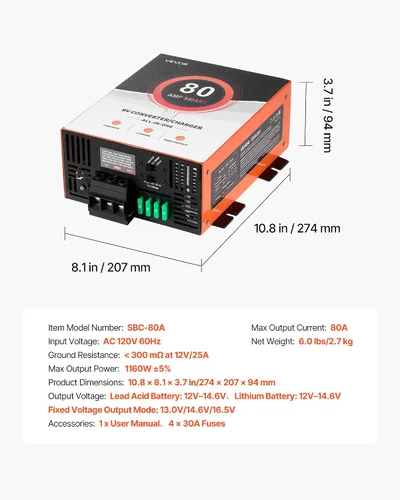 Miniatura 7 de VEVOR Convertidor de energía para RV, 80 amperios, 110V AC a 12V DC Cargador de batería para RV, Carga inteligente de múltiples etapas, Rango