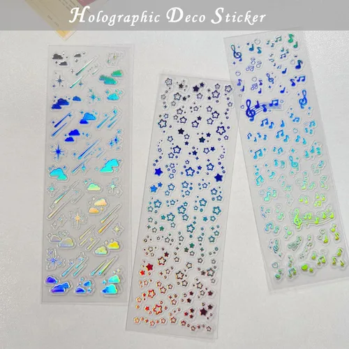 Miniatura 2 de 24 hojas de calcomanías holográficas Kpop, calcomanías coreanas para fotocartas, autoadhesivas, con purpurina transparente, estrellas, lunas, Color-a