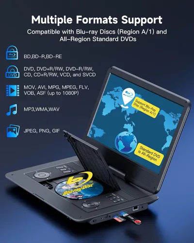 Miniatura 3 de WONNIE Reproductor de Blu Ray portátil de 16.9" con pantalla grande giratoria de 14.1" Full HD 1080P, reproductor de Blu-ray y DVD con salida HDMI