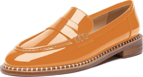 Miniatura 16 de FOGEENA Mocasines de tacón bajo para mujer, estilo casual, puntera redonda, de charol grueso, de 1 pulgada