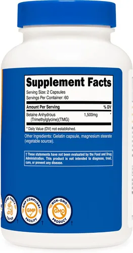 Miniatura 5 de Nutricost Betaína anhidra Caps 1500mg, 60 porciones por botella (2 botellas)