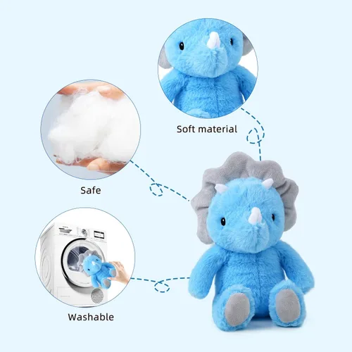 Miniatura 3 de VANLINNY Animales de peluche de dinosaurio, juguete de dinosaurios azules para niños de 3 a 5 años, bonito peluche de triceratops de 9 pulgadas