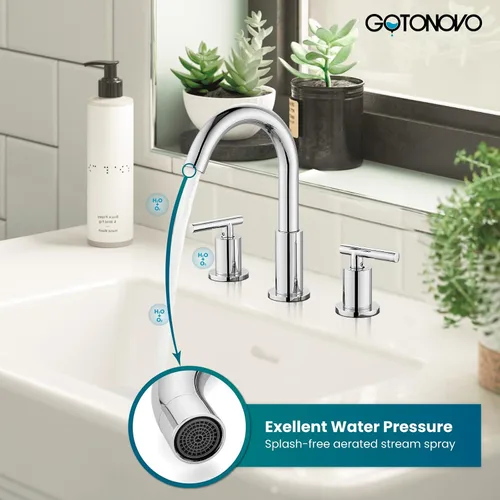 Miniatura 3 de gotonovo llave de lavabo de 3 agujeros y 2 asas para lavabo de baño con llave de drenaje emergente con válvulas mezcladoras de agua caliente y fría