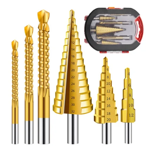 Miniatura 10 de Juego de 5 brocas escalonadas con punzón central automático, brocas de acero de titanio HSS de alta velocidad, 50 tamaños para metal, aluminio