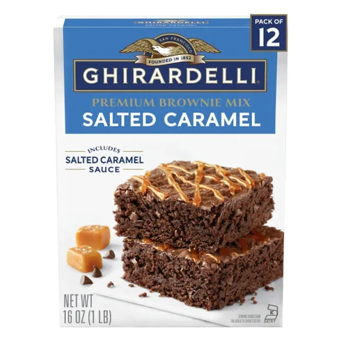 Ghirardelli Mezcla de brownie prémium de caramelo salado, incluye salsa de caramelo salado, cajas de 16 onzas (paquete de 12)
