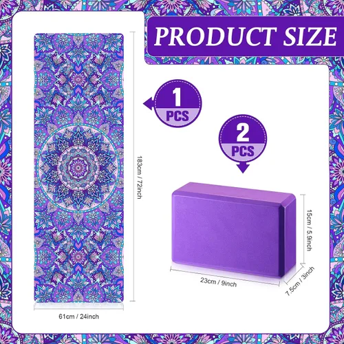 Miniatura 2 de Tinideya 3 Pcs Yoga Mat Yoga Block 6 MM Thick Yogas Mat Non Slip with Carrying Strap Travel Mats for Exercise, Fitness, Pilates, Floor Workouts