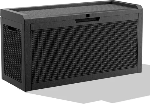 Miniatura 12 de ROJIK Caja de almacenamiento para exteriores, caja de cubierta impermeable de 85 galones, contenedor de almacenamiento exterior de resina resistente