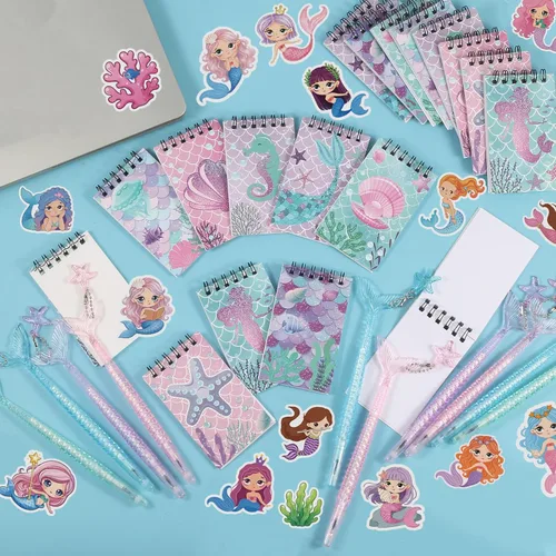 Miniatura 5 de LiYiQ Juego de 148 calcomanías de papel de sirena para regalo de devolución, mini cuadernos, bolígrafos, calcomanías para suministros de cumpleaños