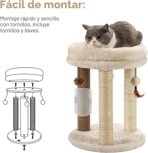 Miniatura 8 de MECOOL Árbol pequeño para gatos 4en1, poste rascador con torre, cama suave, alfombra de sisal, postes de yute con tres juguetes de bola colgante