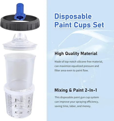 Miniatura 5 de Pistola de pulverización HVLP con 10 piezas de tazas desechables de pintura de 600ML, kit de pistola de alimentación por gravedad para automóviles