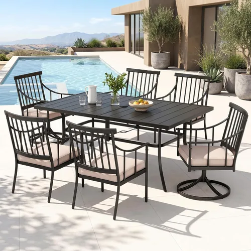 Miniatura 13 de PHI VILLA Juego de comedor al aire libre de 7 piezas con cojín, mesa de comedor rectangular de metal de 60 pulgadas con agujero para sombrilla y 6