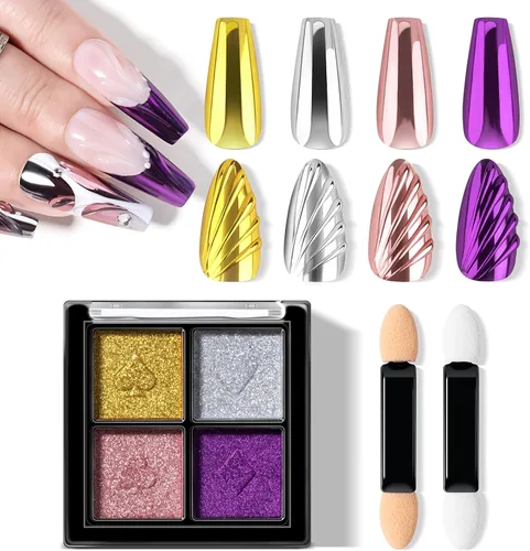 NXJ INFILILA Polvo de uñas cromado dorado con purpurina, efecto de purpurina de espejo metálico, 4 colores, polvo holográfico de cromo rosa dorado