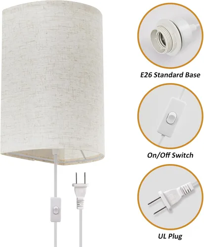 Miniatura 3 de Aplique de pared enchufable, juego de dos apliques de pared de 3 colores, lámpara de pared industrial, lámpara de pared con interruptor de Beige