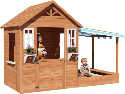 Miniatura 5 de BIRASIL Casa de juegos para niños con arenero, casa de juego de madera para exteriores con fosa de arena para jardín trasero, edades de 3 a 10 años