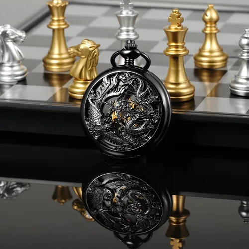 Miniatura 3 de Reloj de bolsillo mecánico de esqueleto para hombre, diseño de dragón fénix, caja negra con cadena + caja de regalo para hombre, Negro -, Mecánico