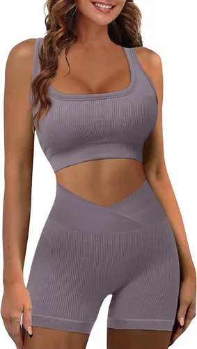 JZC Conjuntos de entrenamiento para mujer, 2 piezas, acanalados, sin costuras, pantalones cortos de cintura alta, trajes de yoga
