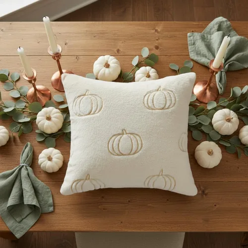 Miniatura 8 de Juego de 2 fundas de almohada de Acción de Gracias de 18 x 18 pulgadas, fundas de almohada de calabazas bordadas de lentejuelas blancas