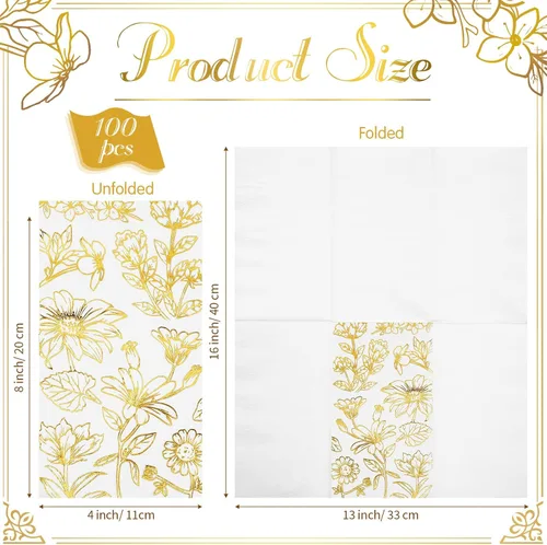 Miniatura 2 de Pasimy 100 servilletas de papel dorado desechables para invitados, servilletas de cóctel de papel floral, elegantes toallas de mano para cena