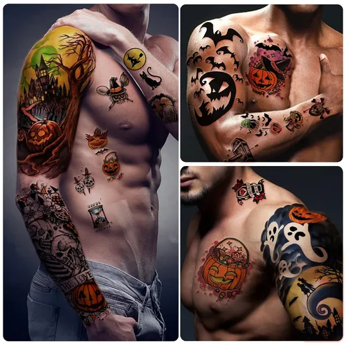 Miniatura 5 de Yazhiji 40 hojas de tatuajes temporales de Halloween, calabaza, bruja, azúcar, cráneo, tatuajes familiares, para mujeres, hombres, niños y niñas