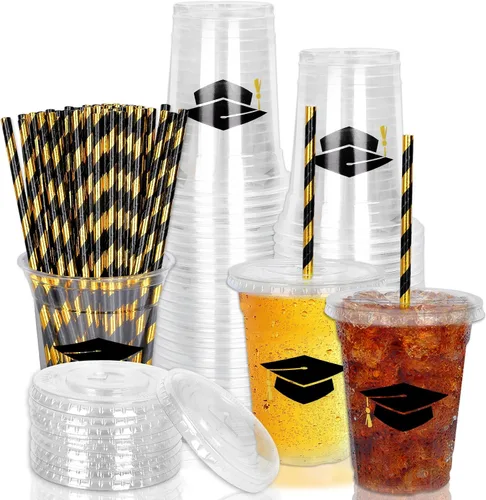 Miniatura 20 de Whaline 50 vasos de plástico desechables patrióticos de 12 onzas con tapas y pajitas con la bandera estadounidense del 4 de julio, vasos