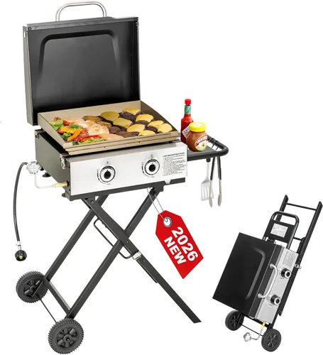 Miniatura 12 de GREEN PARTY - Parrilla de gas propano de 3 quemadores con carro de pie extraíble, convertible a diseño de mesa, parrilla plana de 27 pulgadas
