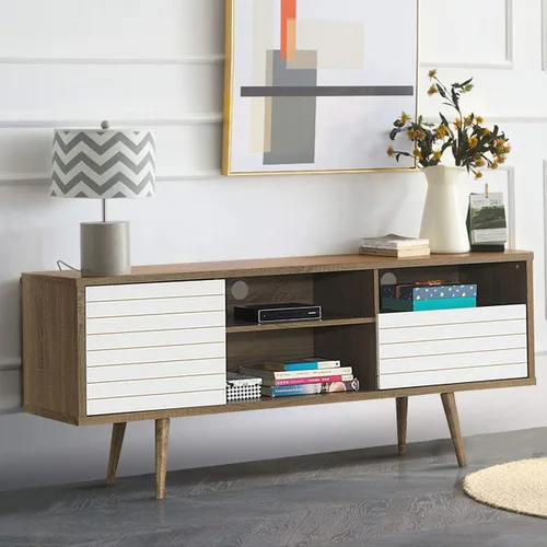 Miniatura 3 de Tangkula Soporte de TV moderno Mid-Century para televisores de hasta 70 pulgadas, mesa consola de madera con estantes de almacenamiento, gabinete