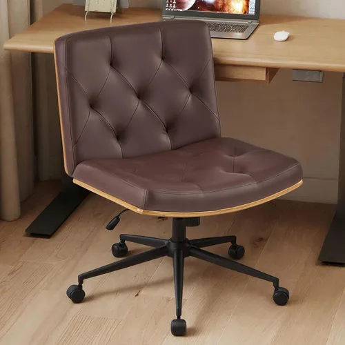 Miniatura 15 de Furnimart Silla de escritorio curvada de madera FSC de alta resistencia, giratoria de 360°, silla cruzada de felpilla de alta calidad con ruedas