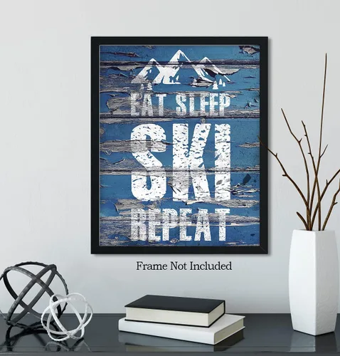 Miniatura 6 de Eat Sleep Ski Repeat Wall Decor Art Print sobre un fondo de madera azul – 11x14 sin marco con tema de esquí – Gran regalo para familiares y amigos