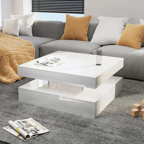 Miniatura 15 de HedoAjim Mesa de centro LED negra para sala de estar, mesa de sala de estar, mesas centrales cuadradas de 2 niveles, mesas de centro de madera