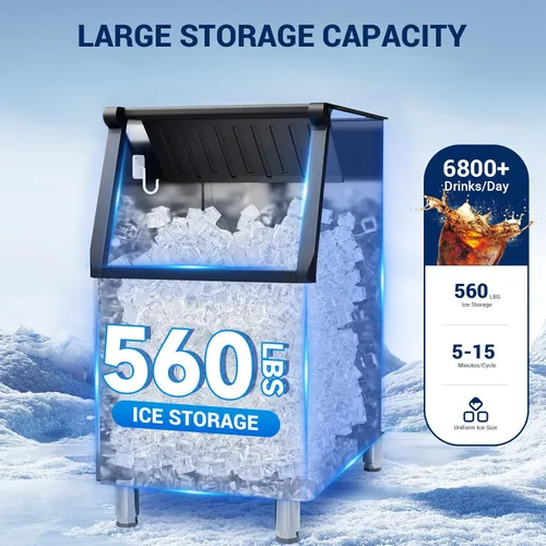 Miniatura 3 de Máquina de hielo comercial de 680 libras/24 horas con contenedor de almacenamiento de 560 libras, 156 cubitos de hielo listos en 5-15 minutos