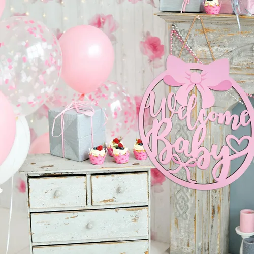 Miniatura 6 de Decoraciones de baby shower con lazo rosa para niña, letrero de madera de bienvenida para bebé, coqueta, decoración de fiesta de baby shower, lazo