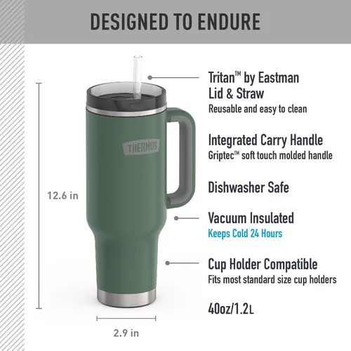 Miniatura 3 de THERMOS Taza Portavasos de Acero Inoxidable - 40 Onzas, Verde Alpino - Vaso Térmico con Tapa y Popote, Además de Cierre Deslizante Resistente a Fugas