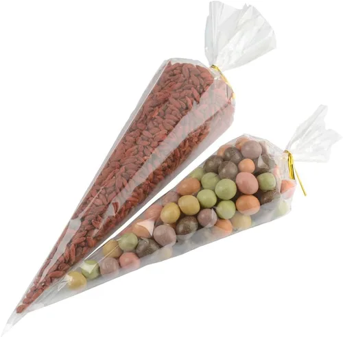 Miniatura 4 de COOLAKE Bolsas de golosinas en forma de cono, 100 unidades de 7 x 14.5 pulgadas, bolsa de celofán, bolsa de palomitas de maíz con lazos giratorios