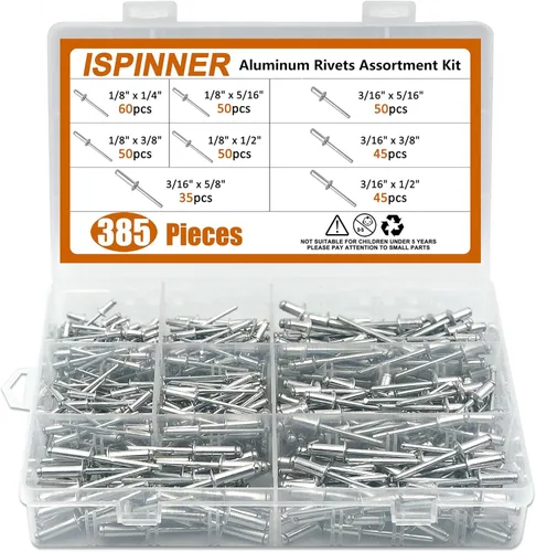 ISPINNER 385pcs 8 tamaños de remaches ciegos de aluminio, kit surtido de remaches pop (plata)