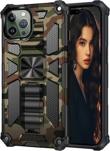 Miniatura 31 de CCSmall Funda de camuflaje para Apple iPhone 14 para hombres, protección resistente a prueba de golpes con función atril para iPhone 14 MC verde