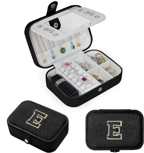 Miniatura 3 de Caja de almacenamiento de joyería negra para niñas, organizador de iniciales de viaje, estuche de joyería mediano con 8 agujeros para aretes, 5