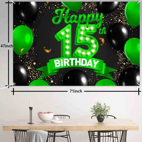 Miniatura 2 de Cartel de feliz cumpleaños 15 color verde y negro, telón de fondo con texto en inglés "Cheers to 15 years old confeti", globos de confeti